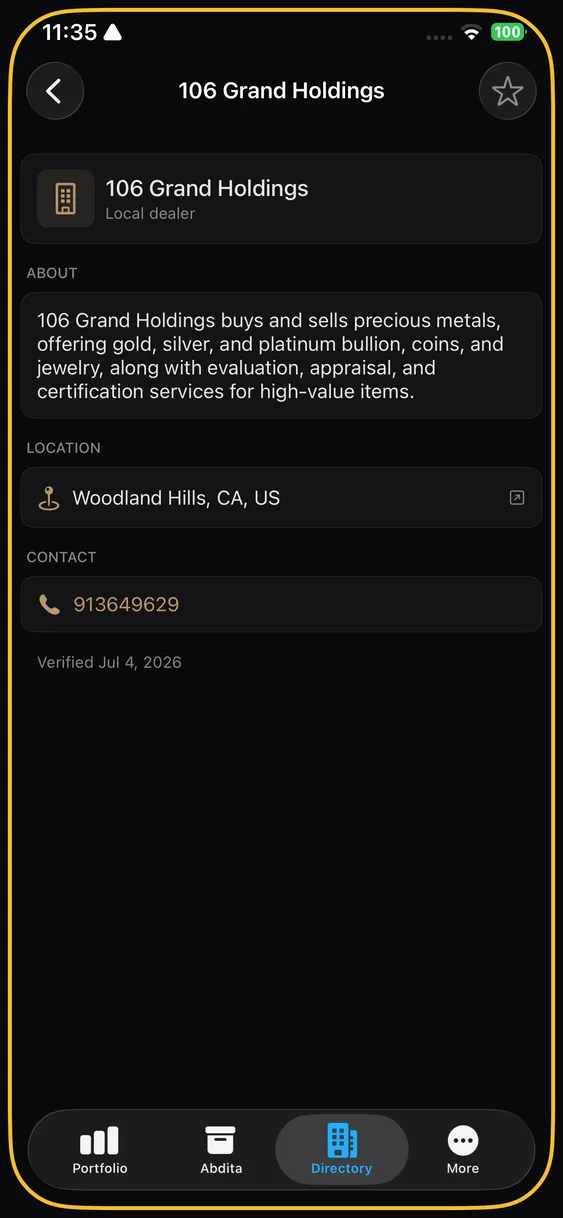 A dealer detail screen: what the dealer buys and sells, its town, and a phone number.