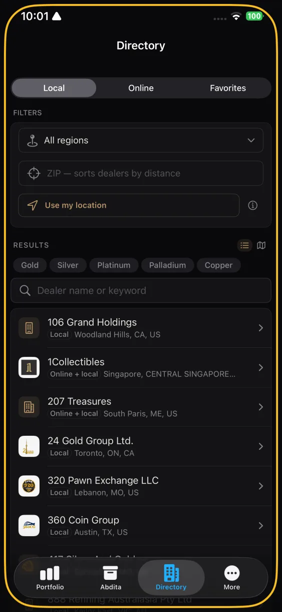 The dealer directory list showing real dealers, with Local, Online and Favorites tabs.