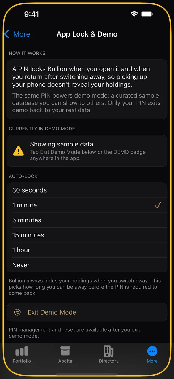 The app in demo mode with a coloured border around the screen.