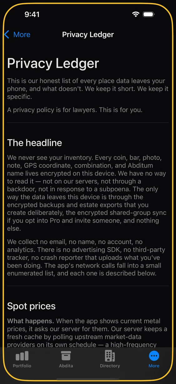 The in-app privacy ledger listing every network call.