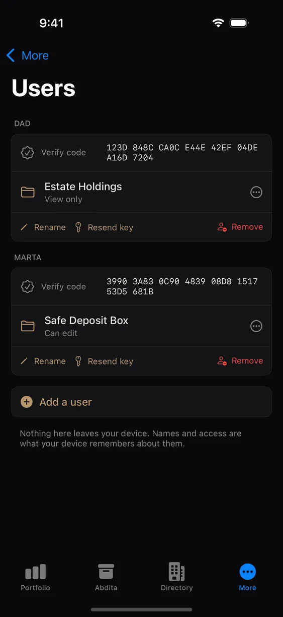 The Identities screen listing people you share with.